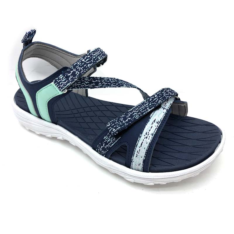 Sport sandal sample showing straps, footbed, heel support, and outsole
