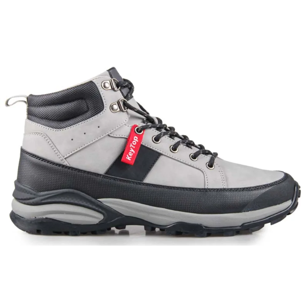 Grey and black ankle boot sample in side view