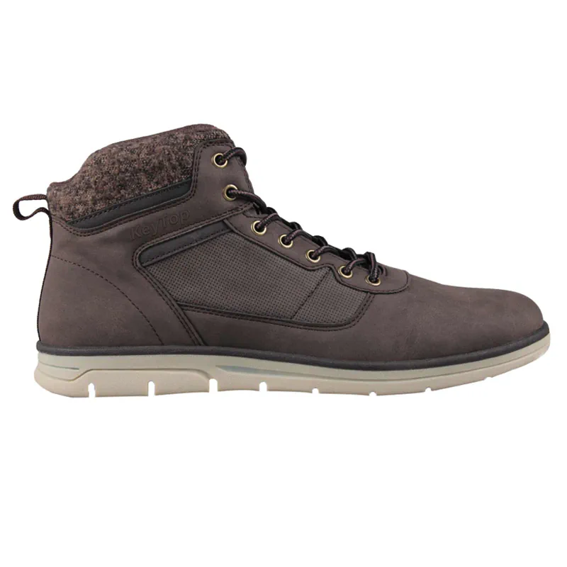 Brown lace-up boot with visible side-panel texture, ankle collar and pale outsole.