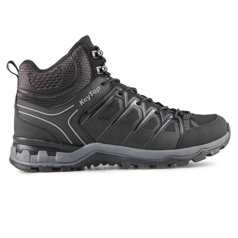 Black lace-up boot with a textured collar, metal-look top hooks and a segmented sole profile.