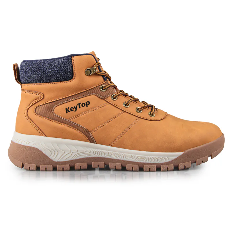 Tan lace-up boot with a dark textured collar and contrasting pale-to-brown sole.