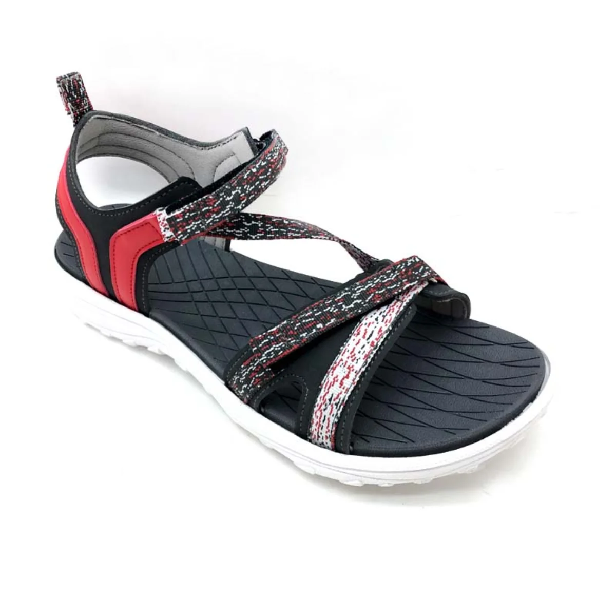 Black and red sandal reference with crossing straps