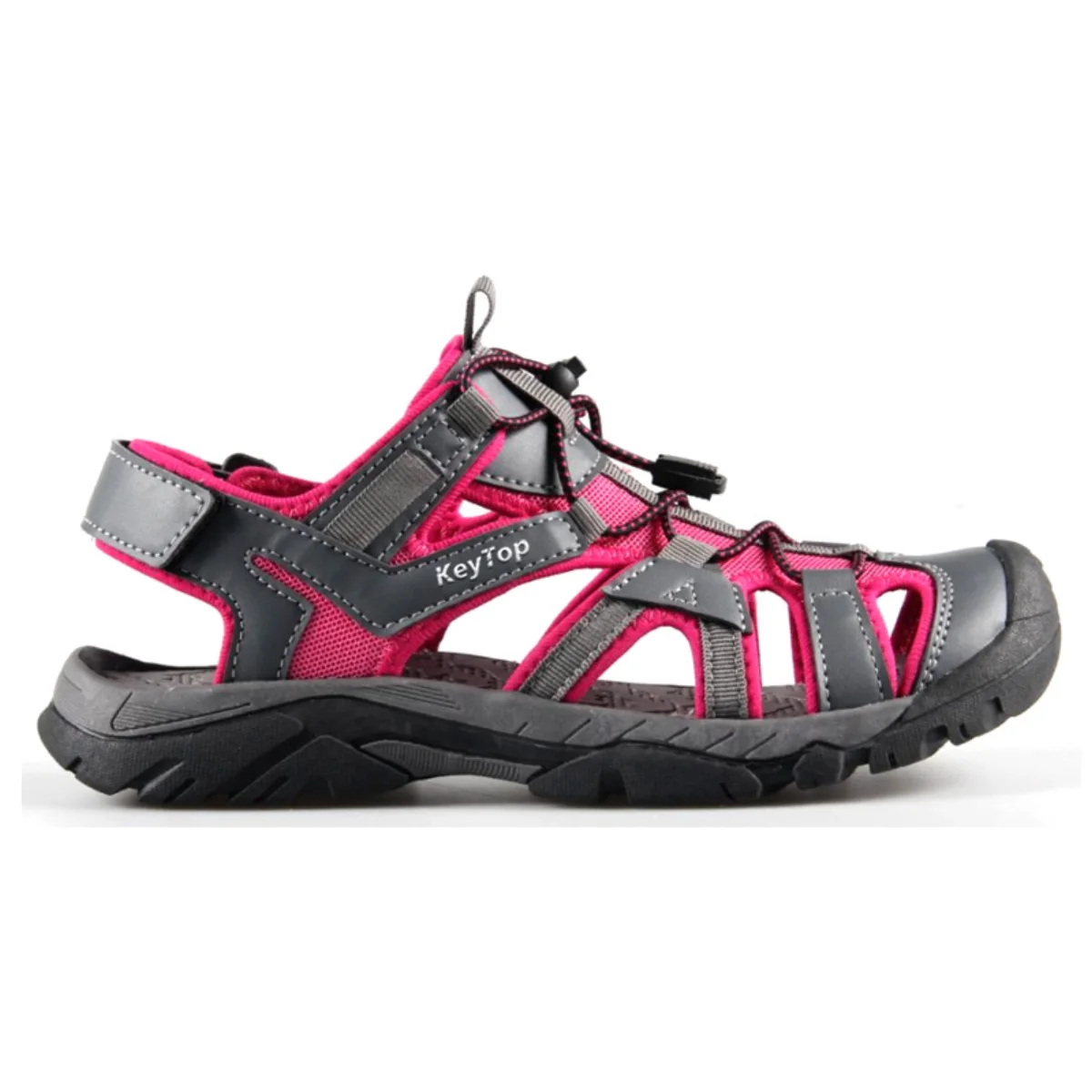 Gray and pink sandal reference with a covered toe profile