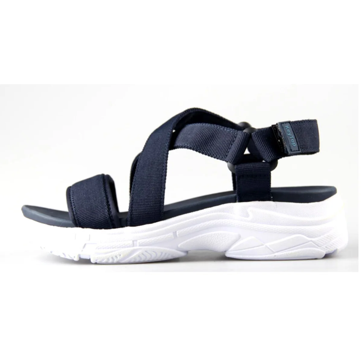 Navy open-toe sandal reference with multiple straps
