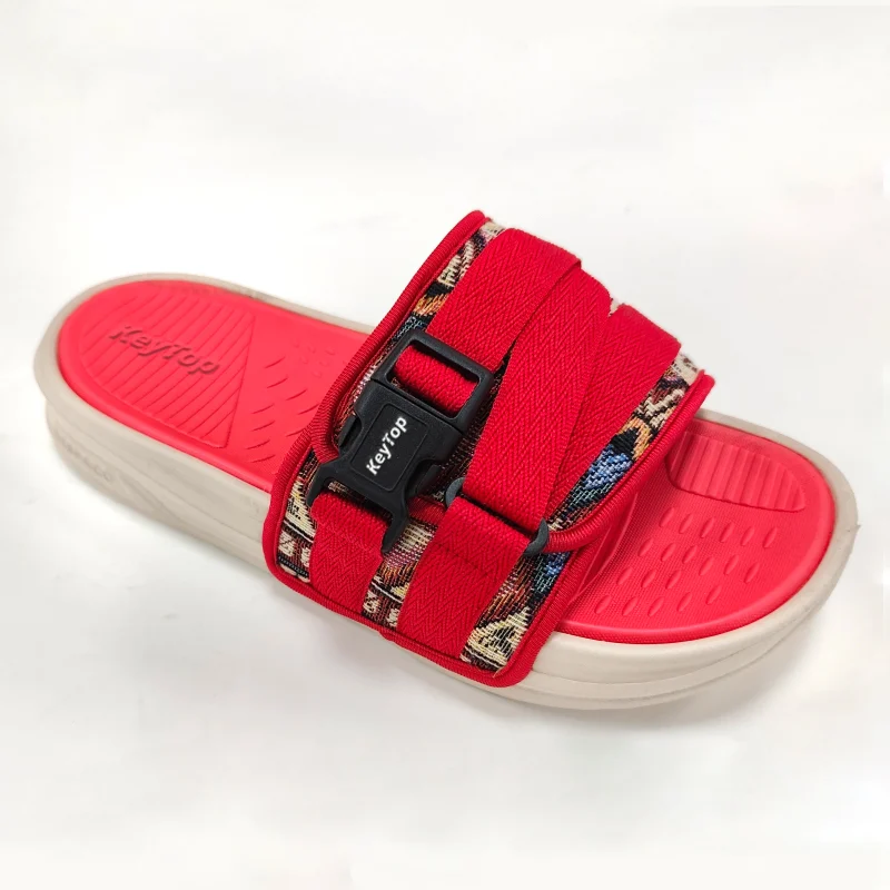 Red buckle-webbing slide reference with layered straps